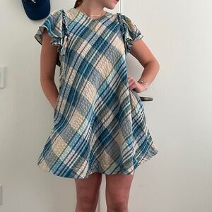 Free People Blue and White Casual Sundress with Flutter Sleeves